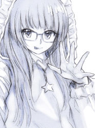 Rule 34 | 1girl, glasses, heart, heart-shaped pupils, highres, long hair, looking at viewer, monochrome, original, simple background, solo, star (symbol), symbol-shaped pupils, tongue, tongue out, white background, yeyong