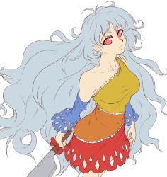 Rule 34 | 1girl, antenna hair, bare shoulders, bow, breasts, collarbone, commentary, cowboy shot, detached sleeves, dress, english commentary, flat color, frills, hatchet, head tilt, holding, holding weapon, long hair, looking at viewer, mazume, medium breasts, messy hair, multicolored clothes, multicolored dress, nata (tool), orange dress, red bow, red dress, red eyes, sakata nemuno, short dress, silver hair, simple background, single strap, smile, solo, standing, touhou, unfinished, very long hair, weapon, white background, yellow dress