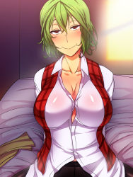Rule 34 | 1 (kawaseha), 1girl, arms behind back, bed, blush, breasts, cleavage, collarbone, crotch seam, dress shirt, female focus, green hair, hair in own mouth, highres, huge breasts, kazami yuuka, large breasts, looking at viewer, messy hair, naughty face, open clothes, open shirt, pantyhose, plaid, plaid vest, red eyes, shirt, short hair, sitting, smile, solo, touhou, vest