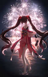 Rule 34 | 1girl, absurdres, bare shoulders, barefoot, bow, brown hair, dress, fireworks, floating hair, foot up, from behind, full body, gradient hair, hair bow, highres, holding fireworks, holding shoe, honkai: star rail, honkai (series), horizon, long hair, multicolored hair, night, obi, okobo, outdoors, red bow, red dress, red hair, ripples, sandals, sash, short dress, sleeveless, sleeveless dress, soles, solo, sparkle (honkai: star rail), sparkler, twintails, usagi (786113654), very long hair, water
