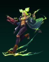 Rule 34 | absurdres, blue jacket, bolt, brown footwear, brown gloves, brown pants, electricity, electrokinesis, finger gun, fingerless gloves, gloves, green background, green eyes, green hair, gun, highres, holding, holding gun, holding weapon, jacket, league of legends, leg up, lightning bolt symbol, midriff, one eye closed, open clothes, open jacket, pants, parted bangs, sliding, tank top, twintails, weapon, yellow tank top, yupv5, zeri (league of legends)