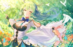 Rule 34 | 1girl, absurdres, antlers, bird, blue dress, blush, breasts, bridal gauntlets, ceres fauna, ceres fauna (1st costume), cleavage, day, dress, dvdarts, floating hair, flower, green hair, hair between eyes, hair flower, hair ornament, highres, hololive, hololive english, horns, large breasts, leaf, long hair, long sleeves, looking at viewer, nail polish, nature, orange flower, outdoors, parted lips, solo, virtual youtuber, white dress, white flower, wide sleeves, wind, yellow eyes
