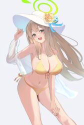 Rule 34 | 1girl, bikini, blonde hair, blue archive, blush, breasts, cleavage, dusk wanshang, flower, front-tie bikini top, front-tie top, green eyes, green halo, hair over breasts, halo, hand on headwear, hand on own thigh, hand up, hat, hat flower, highres, large breasts, long hair, looking at viewer, nonomi (blue archive), nonomi (swimsuit) (blue archive), official alternate costume, open mouth, see-through, see-through shirt, side-tie bikini bottom, simple background, solo, string bikini, sun hat, swimsuit, white background, white hat, yellow bikini