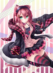 Rule 34 | 1girl, absurdres, animal ears, black thighhighs, blush, boots, cat ears, cat tail, chabaneko, coat, collar, green eyes, guitar case, hair ornament, hairclip, headphones, heart, heart-shaped pupils, highres, instrument case, long hair, looking at viewer, md5 mismatch, original, pink hair, resolution mismatch, skirt, smile, socks, solo, source smaller, striped clothes, striped socks, striped thighhighs, symbol-shaped pupils, tail, tarutaru22, thighhighs, yonari phone neon, zettai ryouiki