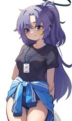 Rule 34 | 1girl, 2ta2ta, absurdres, black shirt, blue archive, blue jacket, closed mouth, clothes around waist, cowboy shot, facial mark, groin, halo, highres, id card, jacket, jacket around waist, lanyard, long hair, mechanical halo, ponytail, purple eyes, purple hair, shirt, short sleeves, simple background, smile, solo, star (symbol), track jacket, white background, yuuka (blue archive), yuuka (track) (blue archive)
