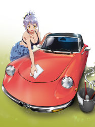 Rule 34 | 1girl, :d, alfa romeo, alfa romeo spider, bad id, bad pixiv id, bikini, bikini top only, black bikini, breasts, brush, bucket, car, car wash, cleavage, folded ponytail, gradient background, hair ornament, highres, hose, large breasts, motor vehicle, open mouth, original, overalls, pointy ears, poncho s, porche (one piece), purple hair, smile, solo, sports bra, swimsuit, vehicle, vehicle focus, washing, washing vehicle, water, yellow eyes