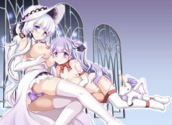 Rule 34 | 2girls, ass, azur lane, blue eyes, blunt bangs, breast hold, breasts, breasts out, clothes pull, commentary request, detached collar, dress pull, elbow gloves, full body, gloves, hat, illustrious (azur lane), large breasts, long hair, looking at viewer, lying, mizushiro takuya, multiple girls, neck ribbon, nipples, no bra, nude, on side, panties, pantyshot, purple hair, purple panties, ribbon, side ponytail, small breasts, stuffed toy, thigh gap, thighhighs, underwear, unicorn (azur lane), white gloves, white hair, white legwear, window