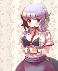 Rule 34 | 1girl, between breasts, bra, breasts, cleavage, dress shirt, dressing, female focus, highres, izayoi sakuya, lingerie, mouth hold, open clothes, open shirt, red eyes, shirt, short hair, silver hair, solo, takahero, embodiment of scarlet devil, touhou, underwear, wrist cuffs