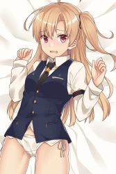 Rule 34 | 1girl, ahoge, arms up, azur lane, blonde hair, blue vest, blush, cleveland (azur lane), cleveland (gentry knight) (azur lane), commentary, commentary request, dress shirt, gluteal fold, groin tendon, long hair, lying, midriff peek, necktie, nervous, on back, panties, red eyes, shirt, side ponytail, solo, thighs, underwear, vertical-striped clothes, vertical-striped necktie, vest, wavy mouth, white panties, yuzuttan