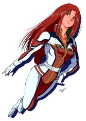 1girl breasts christina_mackenzie earth_federation gloves green_eyes gundam gundam_0080 highres long_hair looking_at_viewer mecha_pilot_suit pgmajimaji pilot_suit red_hair science_fiction simple_background solo white_background