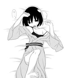 Rule 34 | 1girl, :o, bare shoulders, barefoot, bed sheet, black camisole, black eyes, black hair, bob cut, breasts, camisole, cleavage, collarbone, curled fingers, foot out of frame, foot up, greyscale, hair over eyes, japanese clothes, kimono, lying, monochrome, monogatari (series), narrowed eyes, obi, off shoulder, on bed, open clothes, open kimono, open mouth, oshino ougi, presenting foot, sash, screentones, short hair, shoutai (mtj5n), small breasts, soles, solo, spaghetti strap, speech bubble, strap slip, sweat, sweatdrop, toes, translated, wide sleeves, yukata