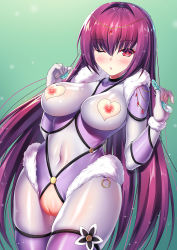 Rule 34 | 1girl, adapted costume, bodysuit, breasts, cleft of venus, clothing cutout, condom, covered navel, fate/grand order, fate (series), heart cutout, iro ame (amewaagada), jewelry, large breasts, long hair, nipple cutout, nipples, one eye closed, pink bodysuit, purple hair, pussy, pussy cutout, pussy juice, red eyes, scathach (fate), scathach skadi (fate), scathach skadi (third ascension) (fate), used condom