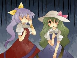 Rule 34 | 2girls, blonde hair, blue dress, bow, bracelet, clenched hand, dress, facepalm, gloom (expression), green hair, hammer (sunset beach), jewelry, long hair, multiple girls, ponytail, purple hair, red dress, siblings, sisters, sweat, touhou, watatsuki no toyohime, watatsuki no yorihime, yellow bow
