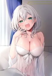 Rule 34 | 1girl, :o, absurdres, alternate costume, arm support, backlighting, bare shoulders, bed, bedroom, blanket, breasts, cleavage, commentary request, curtains, empire waist, green eyes, grey hair, hand on own face, highres, hololive, indoors, ineka ka, lace trim, large breasts, looking at viewer, medium hair, messy hair, morning, navel, nightgown, open mouth, panties, see-through, shirogane noel, solo, spaghetti strap, teeth, underwear, upper teeth only, virtual youtuber, waking up, white nightgown, white panties, window, yawning