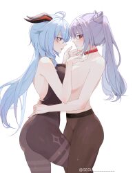 Rule 34 | 2girls, absurdres, alternate breast size, ass, baconontheclock, bare shoulders, black bodysuit, black pantyhose, blue hair, blush, bodysuit, breast press, breasts, closed mouth, collar, from side, ganyu (genshin impact), genshin impact, hair between eyes, highres, horns, keqing (genshin impact), large breasts, long hair, medium breasts, multiple girls, nail polish, pantyhose, parted lips, profile, purple hair, purple nails, red collar, simple background, symmetrical docking, topless, twintails, white background, yuri