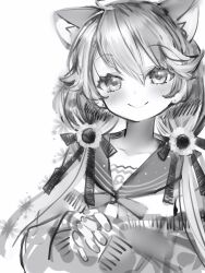 Rule 34 | 1girl, animal ears, blush, cat ears, closed mouth, dot nose, fingernails, flower, greyscale, hair flower, hair ornament, highres, interlocked fingers, looking at viewer, low twintails, monochrome, nail polish, nanashi (nlo), own hands together, re:act, sailor collar, school uniform, serafuku, shishigami leona, simple background, smile, solo, twintails, upper body, virtual youtuber, white background