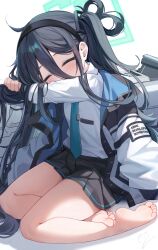 Rule 34 | 1girl, aris (blue archive), barefoot, black hair, black hairband, black skirt, blue archive, blue necktie, closed eyes, collared shirt, commentary request, facing viewer, hairband, halo, highres, jacket, jacket on shoulders, long hair, long sleeves, nahaki, necktie, one side up, pleated skirt, puffy long sleeves, puffy sleeves, shirt, signature, simple background, skirt, soles, solo, very long hair, white background, white jacket, white shirt