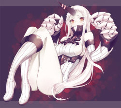 Rule 34 | 10s, 1girl, :o, abyssal ship, albino, bad id, bad pixiv id, blush, boots, breasts, claws, colored skin, detached sleeves, dress, horns, kantai collection, large breasts, long hair, long sleeves, personification, red eyes, ribbed dress, seaport princess, short dress, sideboob, single horn, solo, sweater, sweater dress, thighs, white dress, white hair, white skin, zekamasi7