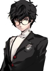 Rule 34 | 1boy, amamiya ren, black hair, black jacket, closed mouth, commentary, glasses, highres, jacket, long sleeves, looking at viewer, male focus, persona, persona 5, pertex 777, red eyes, school uniform, shirt, shuujin academy school uniform, signature, simple background, snapping fingers, solo, symbol-only commentary, upper body, white background, white shirt