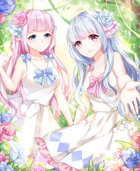 Rule 34 | 2girls, absurdres, bad id, bad pixiv id, blue bow, blue eyes, blue flower, blue hair, bow, bowtie, chuor (chuochuoi), collarbone, dress, elbow gloves, eyebrows, flower, gloves, hair flower, hair ornament, highres, long hair, looking at viewer, multiple girls, original, pink bow, pink eyes, pink flower, pink hair, pointy ears, smile, white dress