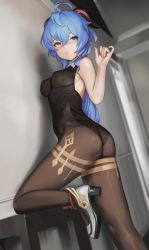 Rule 34 | 1girl, absurdres, ahoge, ass, bare arms, black leotard, blue hair, blurry, blurry background, blush, bodystocking, bodysuit, breasts, brown bodysuit, brown pantyhose, closed mouth, detached collar, dolri, dutch angle, foot out of frame, ganyu (genshin impact), genshin impact, goat horns, hair between eyes, hand up, high heels, highres, horns, indoors, leotard, looking at viewer, medium breasts, no detached sleeves, on one knee, pantyhose, ponytail, purple eyes, sidelocks, solo, standing, thighs, white footwear