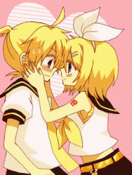 Rule 34 | 1boy, 1girl, anzu (o6v6o), bad id, bad pixiv id, blush, brother and sister, couple, hair ornament, hair ribbon, hairclip, heart, hetero, imminent kiss, incest, kagamine len, kagamine rin, necktie, ribbon, short hair, siblings, smile, twincest, twins, vocaloid, yellow necktie