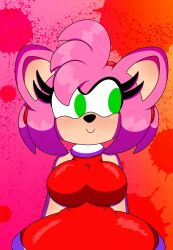 Rule 34 | 1girl, 3barts, amy rose, breasts, curvy, dress, eyelashes, green eyes, hairband, hedgehog girl, highres, large breasts, looking to the side, mobian (species), pink fur, pink hair, red dress, simple background, smile, sonic (series)