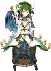 Rule 34 | 1girl, bodaisan (oshiro project), drum, flat chest, folded hair, full body, green hair, holding, instrument, kamaboko red, long hair, official art, oshiro project:re, oshiro project:re, purple eyes, sitting, sleeveless, solo, taiko drum, thighhighs, transparent background