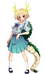 Rule 34 | 1girl, absurdres, antlers, baba (baba seimaijo), blonde hair, blue shirt, bow, bowtie, collarbone, commentary request, dragon girl, dragon horns, dragon tail, full body, green skirt, grin, highres, horns, kicchou yachie, kneehighs, looking at viewer, mary janes, red eyes, shirt, shoes, short hair, short sleeves, skirt, smile, socks, solo, tail, touhou, turtle shell, white background, white socks