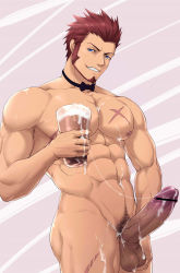 Rule 34 | 1boy, abs, bara, blue eyes, brown hair, cum, cum on male, erection, facial hair, fate/grand order, fate (series), goatee, highres, large pectorals, long sideburns, male focus, muscular, napoleon bonaparte (fate), pectorals, penis, scar, see-through, sideburns, smile, solo, soulga3, wet, wet clothes