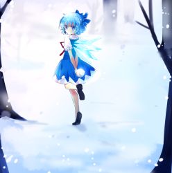 Rule 34 | 1girl, arms behind back, blue dress, blue eyes, blue hair, cirno, dress, from behind, full body, hair ribbon, ice, ice wings, looking at viewer, looking back, matching hair/eyes, nr (cmnrr), puffy sleeves, ribbon, shoes, short hair, short sleeves, snow, snowing, solo, touhou, tree, wings