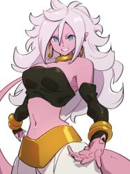 Rule 34 | 1girl, android 21, black nails, blue eyes, bracelet, breasts, choker, cleavage, colored skin, dragon ball, dragon ball fighterz, earrings, hair between eyes, hoop earrings, jewelry, kemachiku, long hair, looking at viewer, majin android 21, medium breasts, midriff, nail polish, navel, pink skin, pointy ears, simple background, smile, solo, tail, white background, white hair, yellow choker