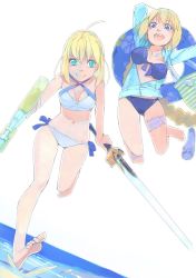 Rule 34 | 2girls, :d, ahoge, akinbo (hyouka fuyou), aqua eyes, arms up, artoria pendragon (fate), artoria pendragon (swimsuit archer) (fate), artoria pendragon (swimsuit archer) (first ascension) (fate), barefoot, bikini, blonde hair, blue bikini, blue eyes, blue jacket, bouncing breasts, braid, braided bun, braided ponytail, breasts, cleavage, collarbone, dutch angle, excalibur (fate/stay night), fate/grand order, fate (series), floral print, gun, hair bun, halterneck, hibiscus print, highres, holding, holding gun, holding sword, holding weapon, innertube, jacket, jeanne d&#039;arc (fate), jeanne d&#039;arc (ruler) (fate), jeanne d&#039;arc (swimsuit archer) (fate), jeanne d&#039;arc (swimsuit archer) (first ascension) (fate), leg up, long hair, long sleeves, looking to the side, medium breasts, multiple girls, ocean, open clothes, open jacket, open mouth, short hair, simple background, single braid, sketch, smile, soles, swim ring, swimsuit, sword, thigh strap, very long hair, water gun, weapon, white background, white bikini
