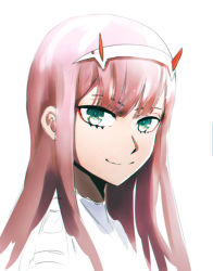 Rule 34 | 10s, 1girl, closed mouth, darling in the franxx, eyeshadow, green eyes, hairband, horns, looking at viewer, makeup, murasaki saki, pink hair, portrait, simple background, sketch, smile, solo, white background, zero two (darling in the franxx)