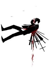 Rule 34 | 1boy, black hair, black jacket, black necktie, black pants, bleeding, blood, collared shirt, highres, jacket, library of ruina, long sleeves, male focus, mye 66, necktie, pants, project moon, roland (project moon), shirt, sideways, simple background, solo, spoilers, stab, sword, walking, weapon, white background, white shirt