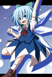 Rule 34 | 1girl, blue hair, bow, cirno, do (4-rt), dress, fang, female focus, gradient background, hair bow, open mouth, short hair, smile, socks, solo, standing, standing on one leg, touhou, white socks, wings