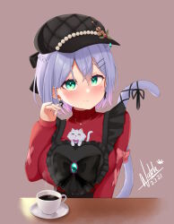 Rule 34 | 1girl, absurdres, apron, black apron, black hat, blue hair, bow, braid, breasts, brown background, cabbie hat, cat, cat tail, closed mouth, commentary, cup, dated, earrings, english commentary, french braid, green eyes, hat, highres, hiiragi emuri, holly, instrument, jewelry, large breasts, looking at viewer, mythic live, natch imaycz, pendant, pink bow, ribbon, short hair, signature, simple background, smile, tail, tail ornament, tail ribbon, upper body, violin, virtual youtuber