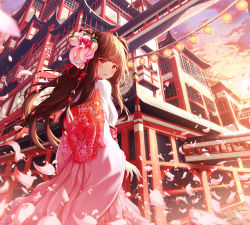 Rule 34 | 1girl, absurdres, ahoge, architecture, blunt bangs, blurry, blurry foreground, brown hair, building, cherry blossoms, cloud, cloudy sky, commentary request, day, diffraction spikes, east asian architecture, falling leaves, floral print, flower, from side, gradient sky, hair flower, hair ornament, hanging light, highres, japanese clothes, keis (locrian1357), kimono, lantern, leaf, long hair, long sleeves, looking at viewer, looking back, obi, original, outdoors, paper lantern, parted lips, pavement, red eyes, sash, sky, solo, standing, sun, two side up, white kimono, wide sleeves, wind