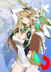 Rule 34 | 1girl, absurdres, armor, arms up, blonde hair, blush, breasts, cleavage, cleavage cutout, closed mouth, clothing cutout, elbow gloves, gem, gloves, hair ornament, headpiece, highres, holding, holding sword, holding weapon, jewelry, long hair, mythra (xenoblade), nintendo, shoulder armor, smile, sword, tanawuth (atani56), tiara, very long hair, weapon, xenoblade chronicles (series), xenoblade chronicles 2, yellow eyes