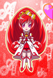 Rule 34 | 1girl, boots, bow, brooch, chibi, coat, cure ace, curly hair, dokidoki! precure, full body, hair bow, heart, heart brooch, highres, knee boots, long hair, madoka aguri, magical girl, monyotarosu, precure, puffy sleeves, purple eyes, red background, red hair, red skirt, skirt, smile, solo, standing, wrist cuffs