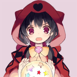 Rule 34 | 1girl, black hair, blush, bow, cloak, crystal ball, fake horns, hands up, heart, hood, hooded cloak, horns, kurasuke, long hair, looking at viewer, low twintails, open mouth, original, pink background, purple background, purple eyes, red cloak, simple background, sketch, skull, solo, star (symbol), twintails, yellow bow