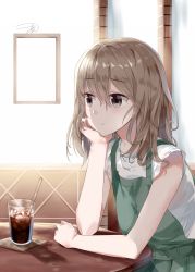 Rule 34 | 1girl, blouse, blush, brown eyes, brown hair, cafe, closed mouth, cup, dress, drinking glass, drinking straw, green skirt, hand on own chest, head rest, highres, indoors, kooan, long hair, looking to the side, original, pinafore dress, pleated skirt, shirt, short sleeves, signature, skirt, sleeveless dress, soda, solo, white shirt