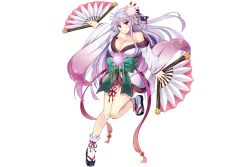 Rule 34 | 1girl, blush, breasts, cleavage, dual wielding, hand fan, flower, flower knight girl, full body, gekkabijin (flower knight girl), hair flower, hair ornament, holding, japanese clothes, large breasts, leg up, light purple hair, long hair, looking at viewer, purple eyes, queen of the night, sandals, smile, solo, tabi, transparent background, utsurogi akira, wide sleeves