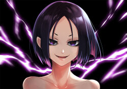 Rule 34 | 1girl, bare shoulders, collarbone, dtcy, electricity, fate/grand order, fate/samurai remnant, fate (series), looking at viewer, minamoto no raikou (fate), open mouth, parted bangs, purple eyes, purple hair, short hair, smile, ushi gozen (fate), ushi gozen (fate/samurai remnant), ushi gozen (rider) (fate)