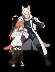 Rule 34 | 1boy, 1girl, animal ears, belt, black background, black footwear, black pants, black shirt, blouse, blue eyes, boots, chinese commentary, choker, claw pose, coat, commentary request, dress, fang, fangs, final fantasy, final fantasy xiv, full body, green eyes, hair over one eye, hair ribbon, hands up, height difference, highres, hyur, kemonomimi mode, legs apart, long hair, long sleeves, open clothes, open coat, open mouth, orange hair, pants, puffy long sleeves, puffy sleeves, ribbon, ryne waters, shirt, short hair, simple background, square enix, standing, swept bangs, tail, thancred waters, thigh boots, thighhighs, toeless footwear, v-shaped eyebrows, white choker, white coat, white dress, white hair, wolf ears, wolf tail, wuliu heihuo