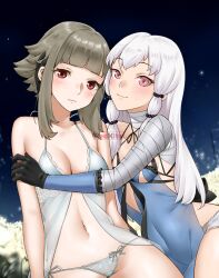 Rule 34 | 2girls, breasts, fire emblem, fire emblem: three houses, fire emblem heroes, grey hair, highres, hug, igni tion, looking at viewer, lysithea von ordelia, multiple girls, nintendo, official alternate hairstyle, red eyes, short hair, sidelocks, small breasts, underwear, veronica (fire emblem), white hair