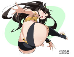 Rule 34 | armlet, artist name, ass, ass focus, asymmetrical legwear, asymmetrical sleeves, black hair, crown, dated, detached sleeves, earrings, fate/grand order, fate (series), hoop earrings, ishtar (fate), jewelry, neck ring, outstretched arm, parted bangs, single detached sleeve, single sleeve, single thighhigh, tabata hisayuki, thighhighs, tiara, uneven legwear, uneven sleeves