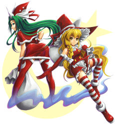Rule 34 | 2girls, adapted costume, ass, bent over, blonde hair, bow, christmas, elbow gloves, female focus, fur trim, ghost tail, gloves, green eyes, green hair, hat, kirisame marisa, koto tsubane, long hair, looking at viewer, looking back, mima (touhou), multiple girls, santa costume, smile, striped clothes, striped legwear, striped thighhighs, thighhighs, touhou, touhou (pc-98), very long hair, witch hat, wizard hat, zettai ryouiki