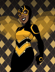 Rule 34 | 1girl, argyle, argyle background, argyle clothes, bodysuit, brown eyes, bumble bee, clenched hand, dark-skinned female, dark skin, dc comics, female focus, flying, gloves, goggles, hood, karen beecher, lipstick, long sleeves, looking to the side, makeup, neon trim, smile, solo, teeth, wings, young justice: invasion