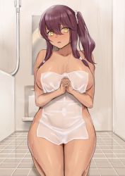 Rule 34 | 1girl, absurdres, bare shoulders, bottle, breasts, brown hair, covered erect nipples, covering privates, girls&#039; frontline, hair between eyes, highres, interlocked fingers, kuro (zhurunbo1997), large breasts, low tied hair, naked towel, nude cover, own hands together, saiga-12 (girls&#039; frontline), scrunchie, see-through, seiza, side ponytail, sidelocks, sitting, thighs, tile floor, tiles, towel, wet, wet towel, white scrunchie, yellow eyes